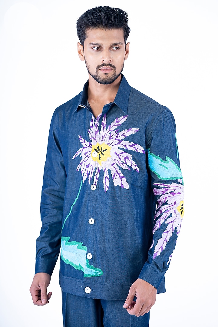 Navy Blue Denim Cotton Thread Hand Embroidered Co-Ord Set by YAJY By Aditya Jain at Pernia's Pop Up Shop