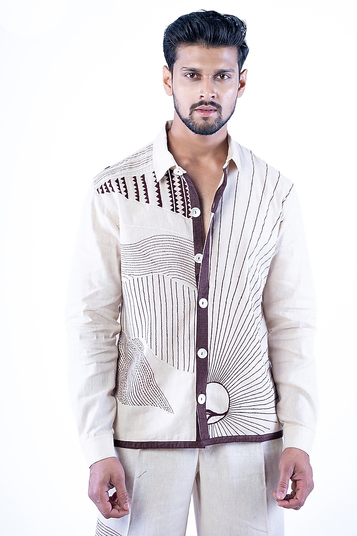 Ivory Linen Kantha Embroidered Co-Ord Set by YAJY By Aditya Jain at Pernia's Pop Up Shop