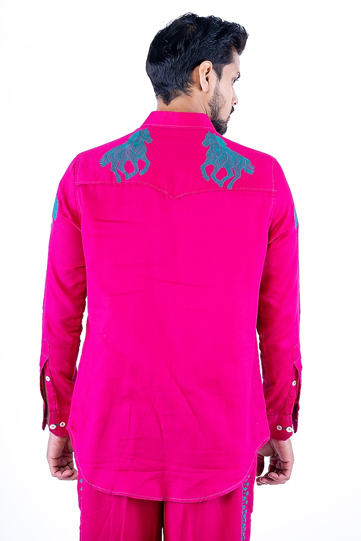 Rani Pink Linen Resham Hand Embroidered Co-Ord Set by YAJY By Aditya Jain at Pernia's Pop Up Shop