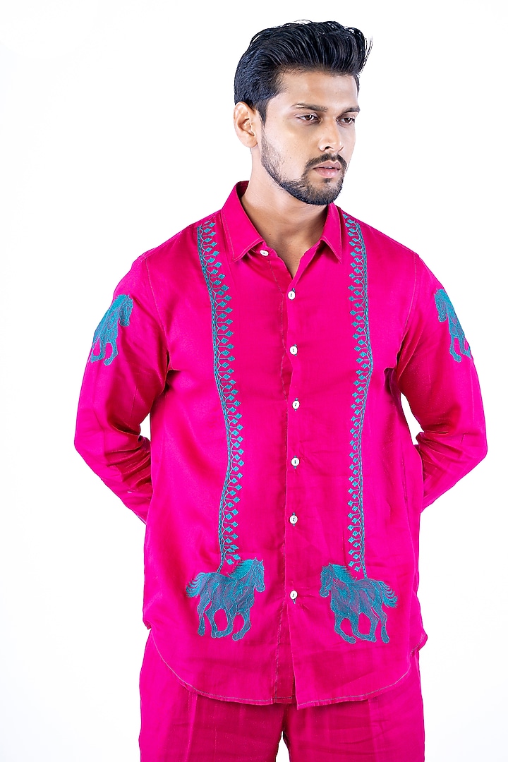 Rani Pink Linen Resham Hand Embroidered Co-Ord Set by YAJY By Aditya Jain at Pernia's Pop Up Shop
