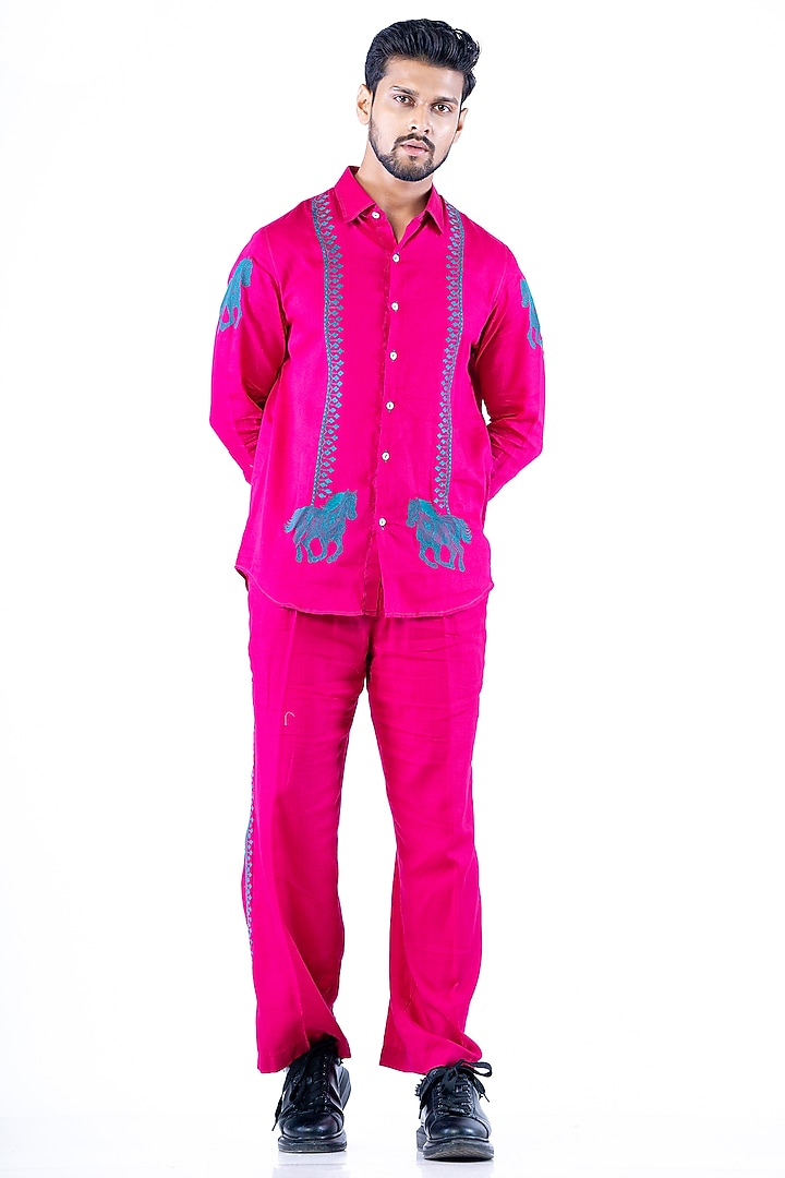 Rani Pink Linen Resham Hand Embroidered Co-Ord Set by YAJY By Aditya Jain at Pernia's Pop Up Shop