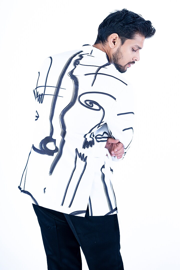 White Linen Printed Jacket Set by YAJY By Aditya Jain at Pernia's Pop Up Shop