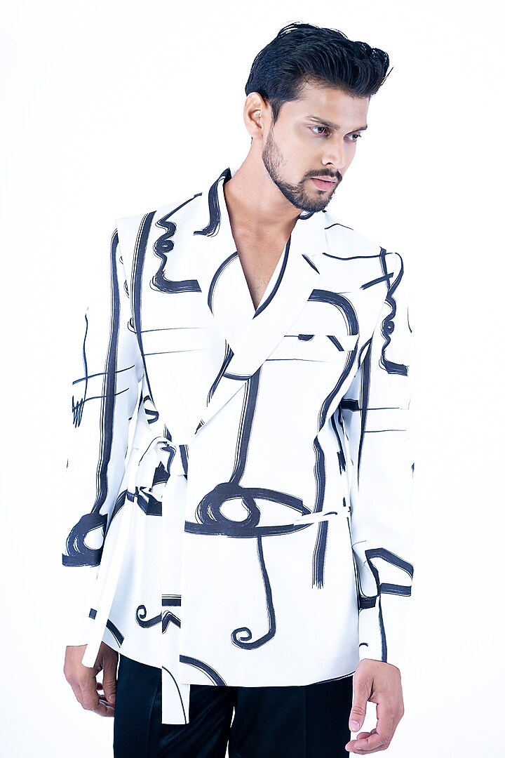 White Linen Printed Jacket Set by YAJY By Aditya Jain at Pernia's Pop Up Shop