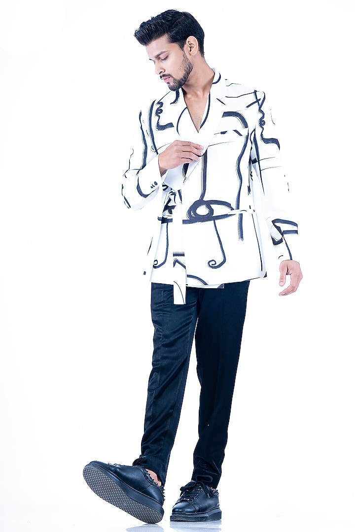 White Linen Printed Jacket Set by YAJY By Aditya Jain at Pernia's Pop Up Shop