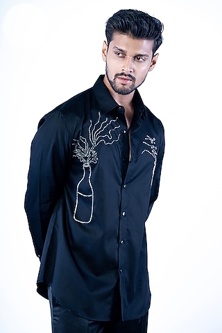 Black Crepe Bead Embroidered Shirt by YAJY By Aditya Jain