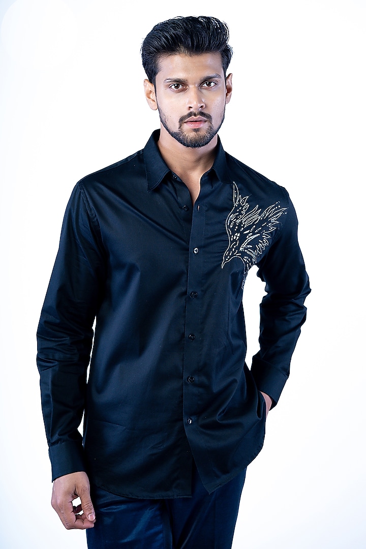 Black Cotton Thread Embroidered Shirt by YAJY By Aditya Jain