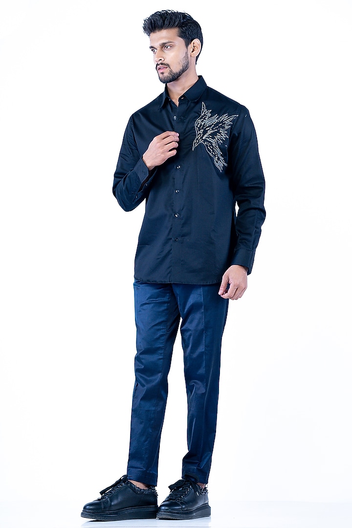 Black Cotton Thread Embroidered Wedding Shirt by YAJY By Aditya Jain at Pernia's Pop Up Shop