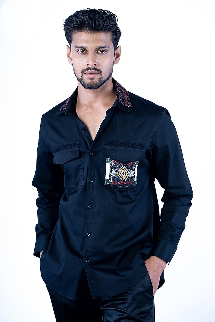 Black Cotton Bead Embroidered Shirt by YAJY By Aditya Jain at Pernia's Pop Up Shop