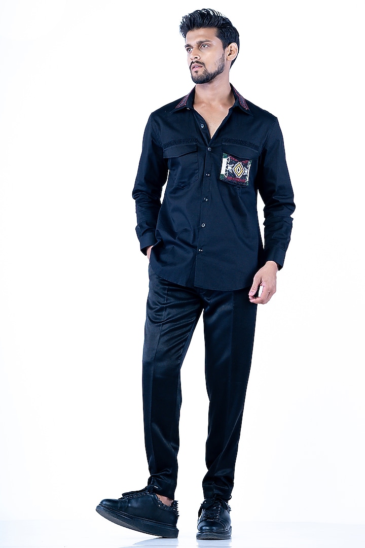 Black Cotton Bead Embroidered Wedding Shirt by YAJY By Aditya Jain at Pernia's Pop Up Shop