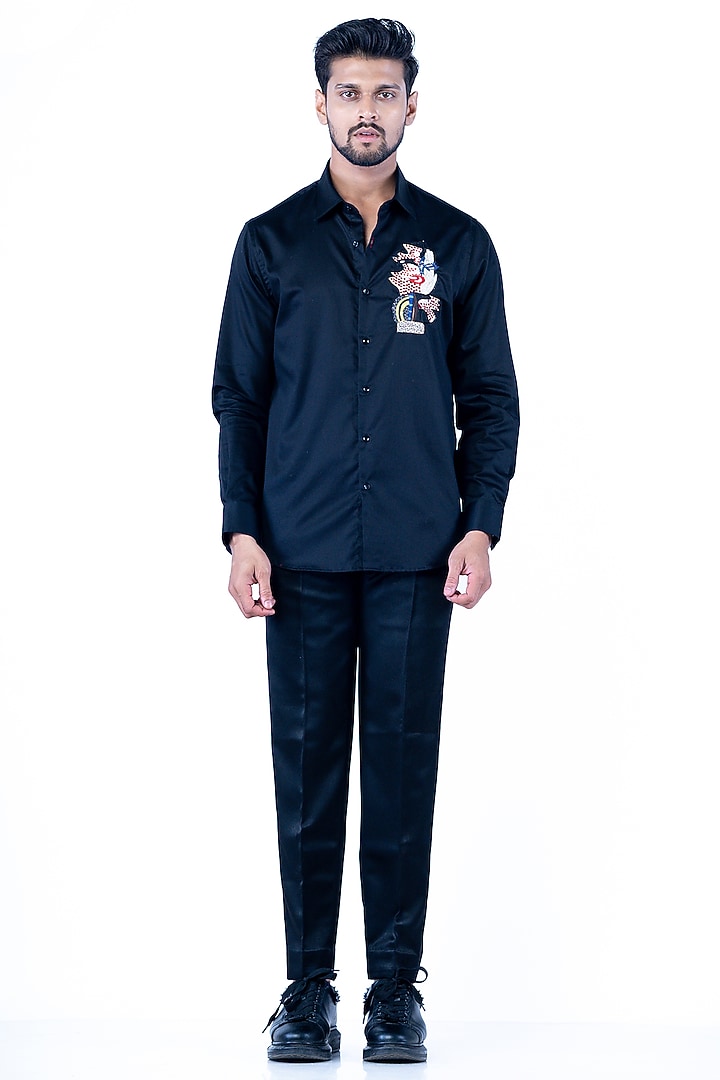 Black Cotton Sequins Embroidered Wedding Shirt by YAJY By Aditya Jain at Pernia's Pop Up Shop