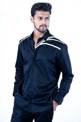 Black Cotton Striped Shirt by YAJY By Aditya Jain