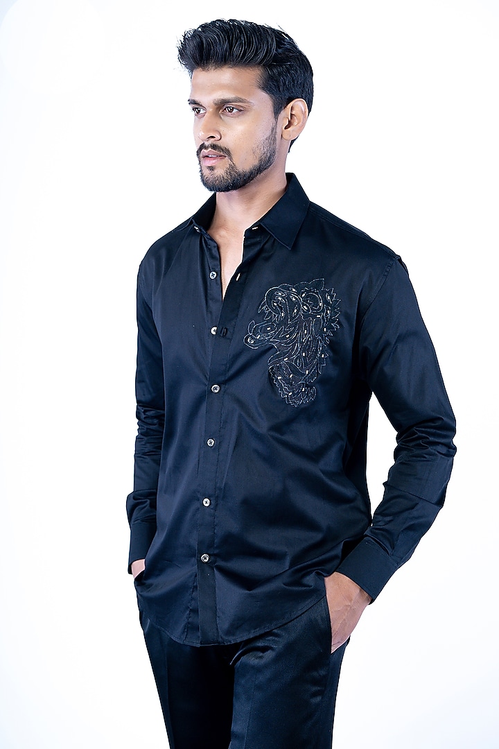 Black Crepe Metallic Embroidered Shirt by YAJY By Aditya Jain at Pernia's Pop Up Shop