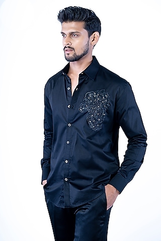 Black Crepe Metallic Embroidered Shirt by YAJY By Aditya Jain