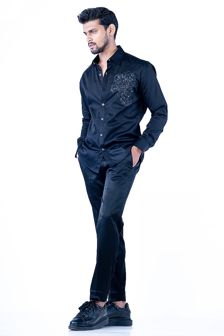 Black Crepe Metallic Embroidered Wedding Shirt by YAJY By Aditya Jain at Pernia's Pop Up Shop