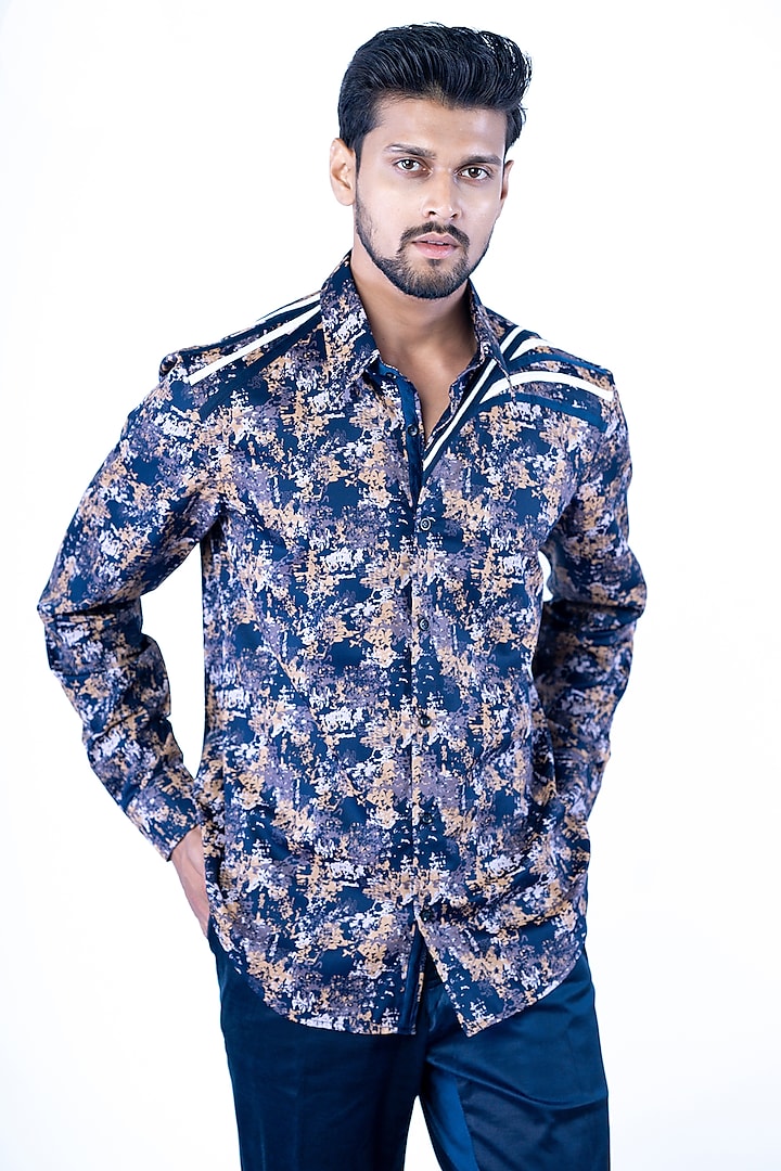 Navy Blue Giza Cotton Hand-Painted Shirt by YAJY By Aditya Jain at Pernia's Pop Up Shop