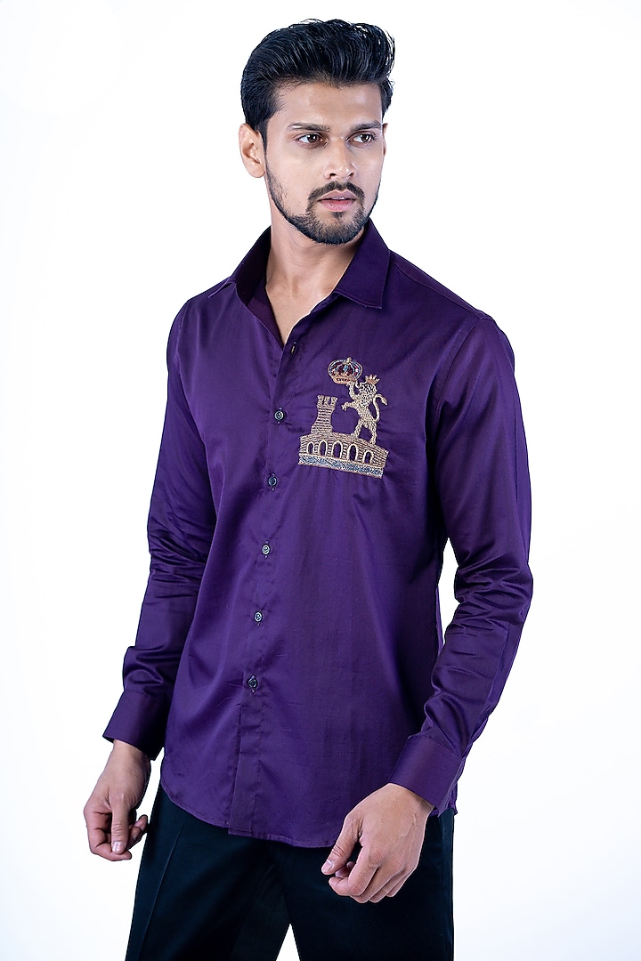 Purple Poly Viscose Hand Work Shirt by YAJY By Aditya Jain