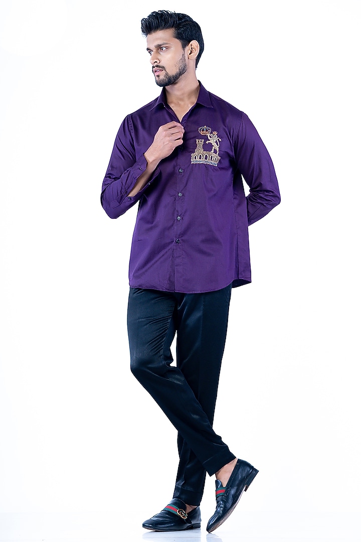 Purple Poly Viscose Hand Work Wedding Shirt by YAJY By Aditya Jain at Pernia's Pop Up Shop