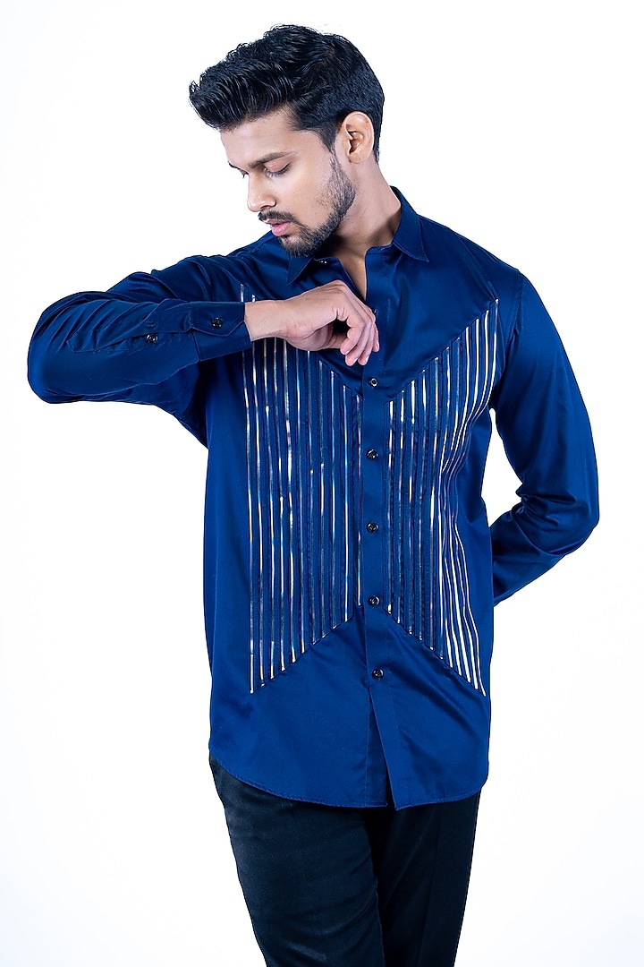 Blue Cotton Blend Stripe Printed Shirt by YAJY By Aditya Jain at Pernia's Pop Up Shop