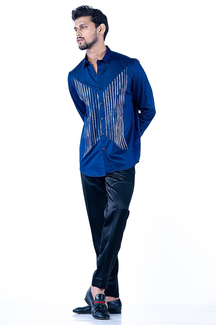 Blue Cotton Blend Stripe Printed Wedding Shirt by YAJY By Aditya Jain at Pernia's Pop Up Shop