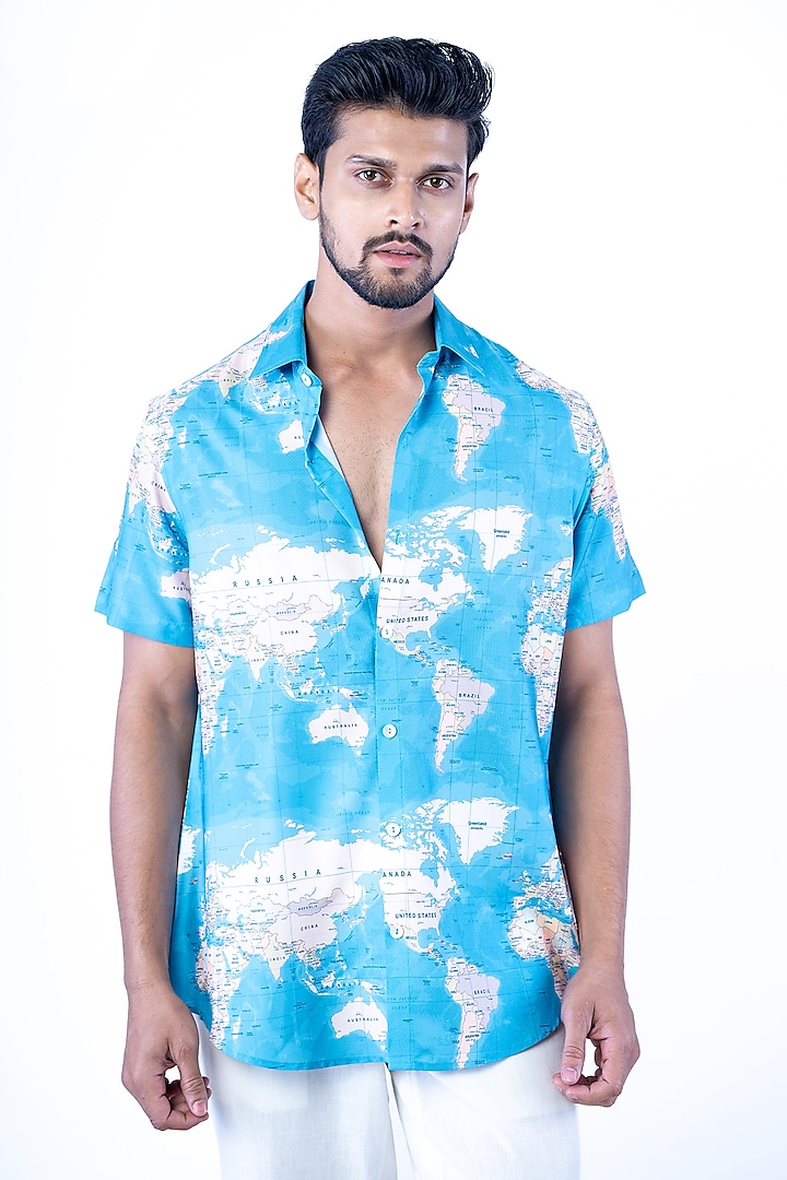 Blue Cotton Blend Printed Shirt by YAJY By Aditya Jain at Pernia's Pop Up Shop