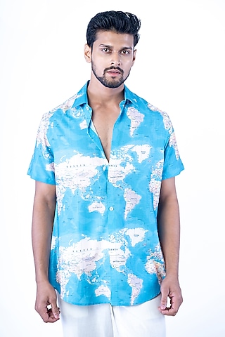 Blue Cotton Blend Printed Shirt by YAJY By Aditya Jain