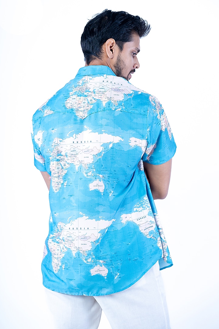 Blue Cotton Blend Printed Party Wear Shirt by YAJY By Aditya Jain at Pernia's Pop Up Shop