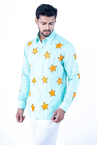 Blue Linen Printed Shirt by YAJY By Aditya Jain