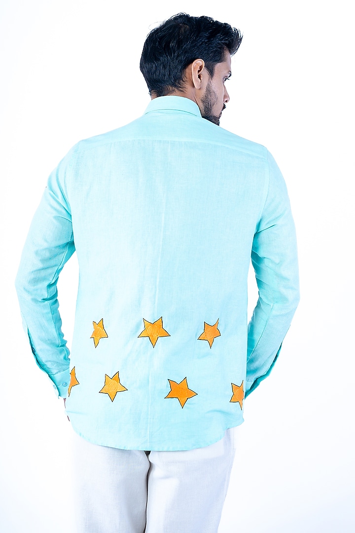 Blue Linen Printed Wedding Shirt by YAJY By Aditya Jain at Pernia's Pop Up Shop