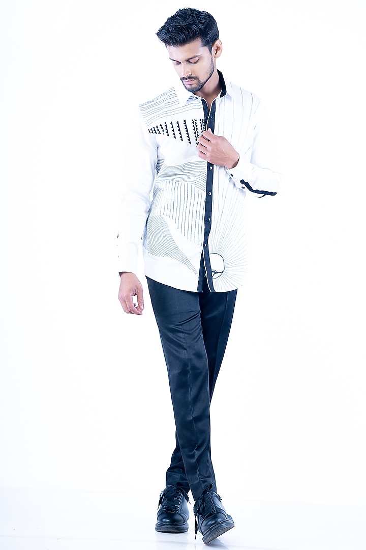 White Cotton Kantha embroidered Wedding Shirt by YAJY By Aditya Jain at Pernia's Pop Up Shop
