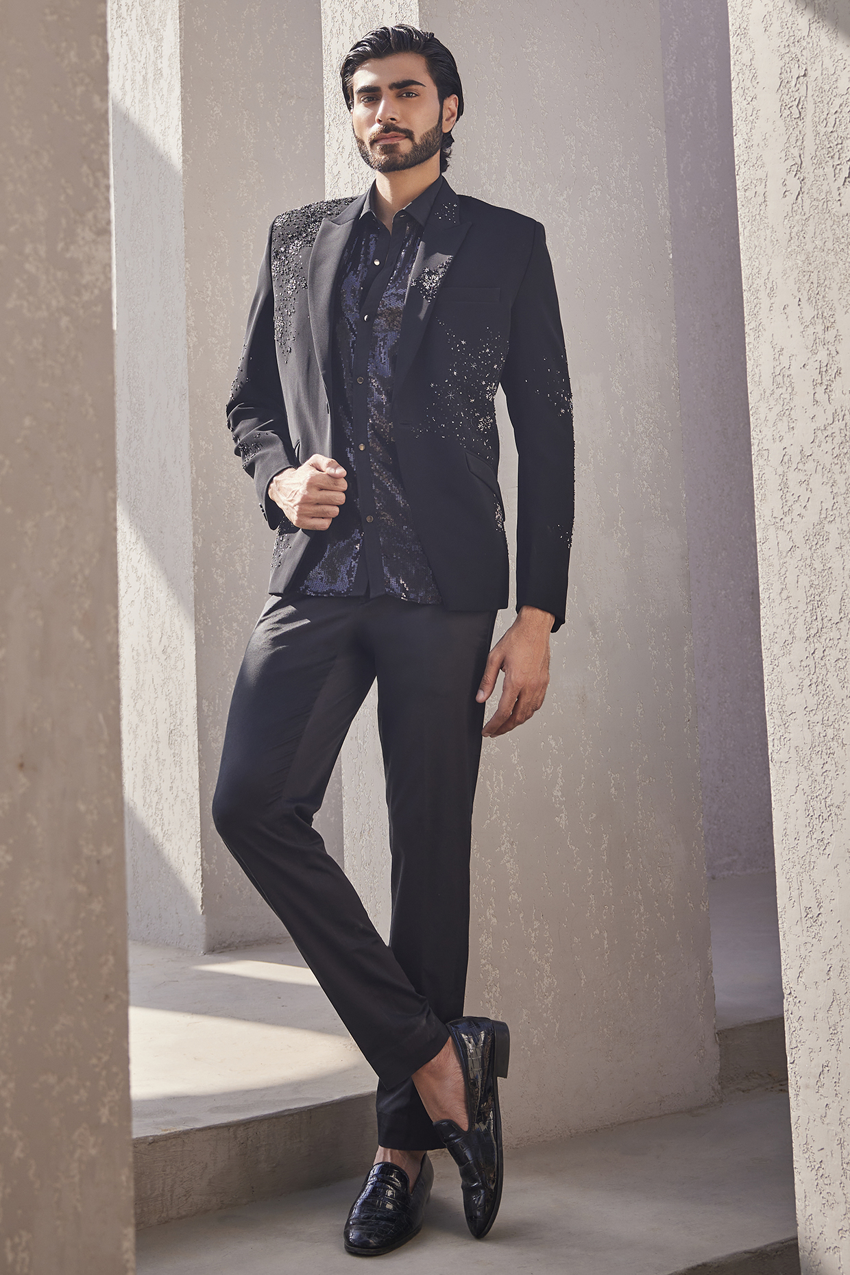 Black Italian Suiting Tuxedo Set by YAJY By Aditya Jain at Pernia's Pop Up Shop