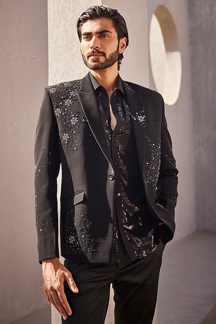 Black Italian Suiting Tuxedo Set by YAJY By Aditya Jain at Pernia's Pop Up Shop