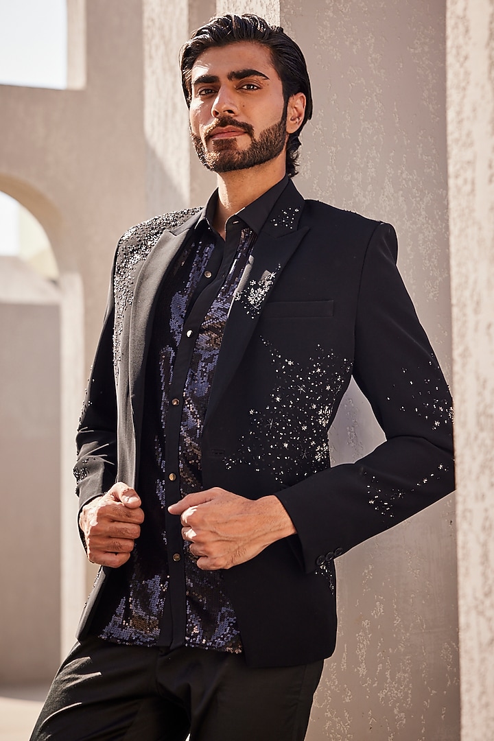 Black Italian Suiting Tuxedo Set by YAJY By Aditya Jain at Pernia's Pop Up Shop