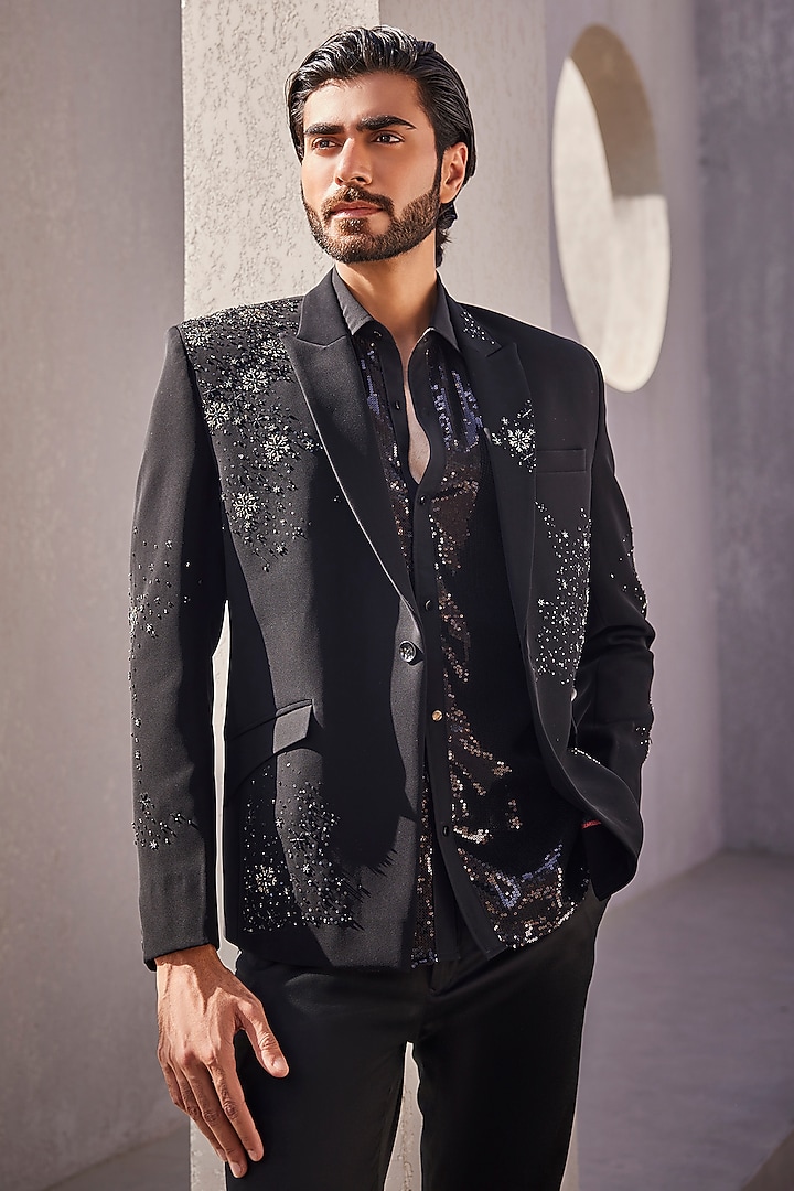 Black Italian Suiting Tuxedo Set by YAJY By Aditya Jain at Pernia's Pop Up Shop