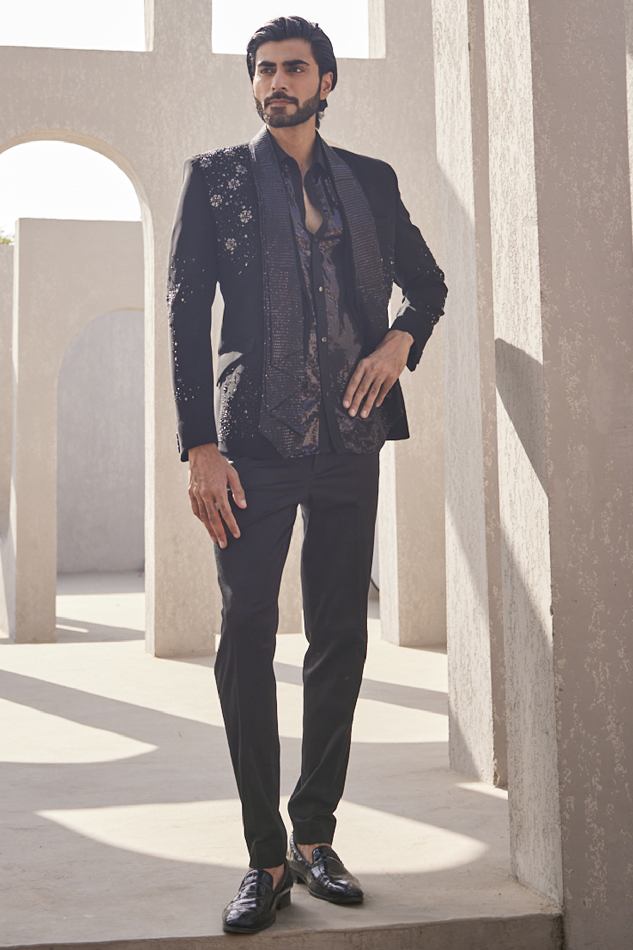 Black Italian Suiting Tuxedo Set by YAJY By Aditya Jain at Pernia's Pop Up Shop