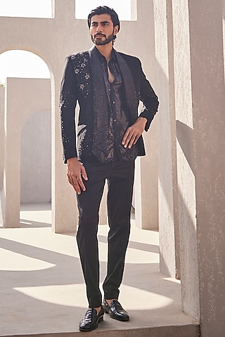Black Italian Suiting Tuxedo Set by YAJY By Aditya Jain