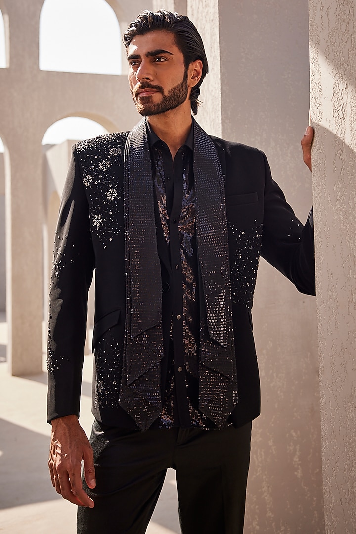 Black Italian Suiting Tuxedo Set by YAJY By Aditya Jain at Pernia's Pop Up Shop