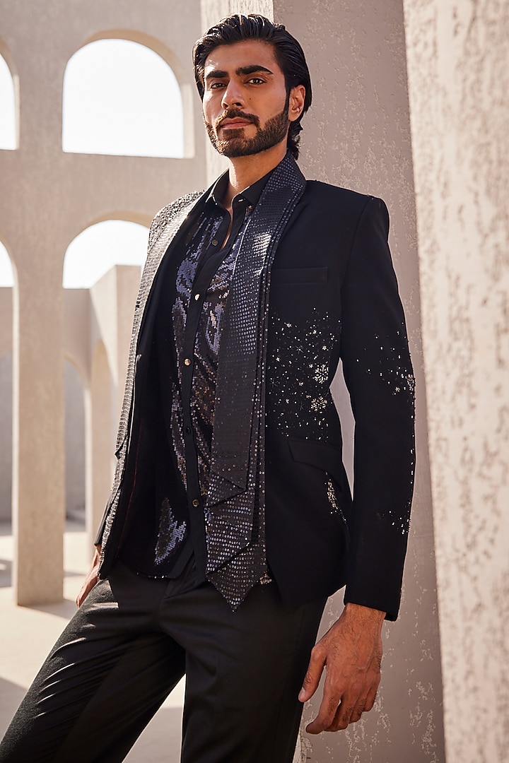 Black Italian Suiting Tuxedo Set by YAJY By Aditya Jain at Pernia's Pop Up Shop