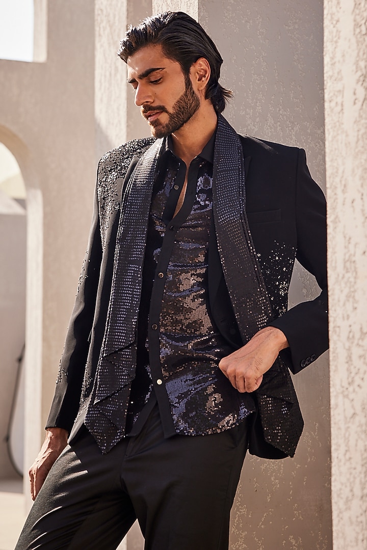Black Italian Suiting Tuxedo Set by YAJY By Aditya Jain at Pernia's Pop Up Shop
