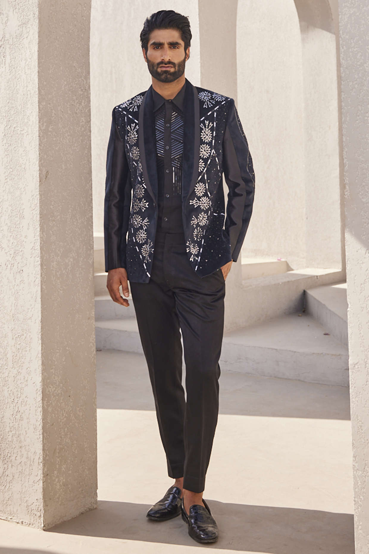 Black Italian Suiting Tuxedo Set by YAJY By Aditya Jain at Pernia's Pop Up Shop