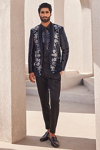 Black Italian Suiting Tuxedo Set by YAJY By Aditya Jain