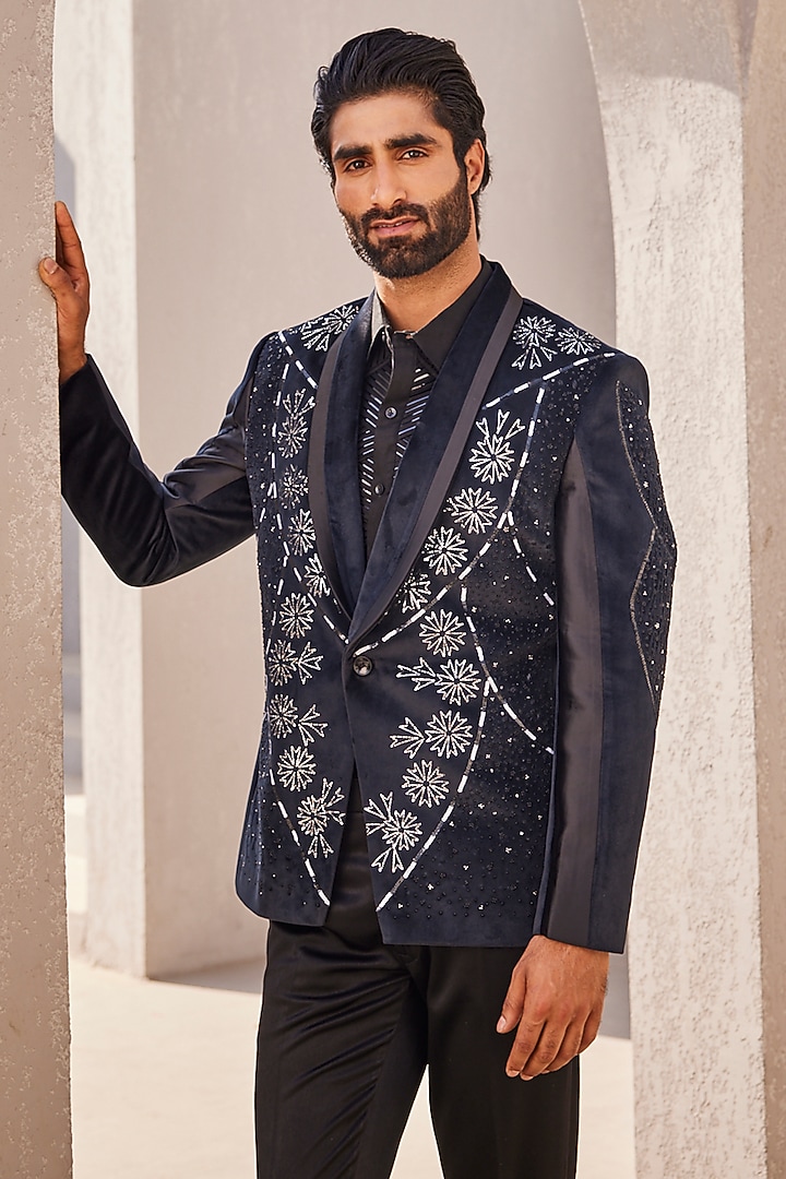Black Italian Suiting Tuxedo Set by YAJY By Aditya Jain at Pernia's Pop Up Shop