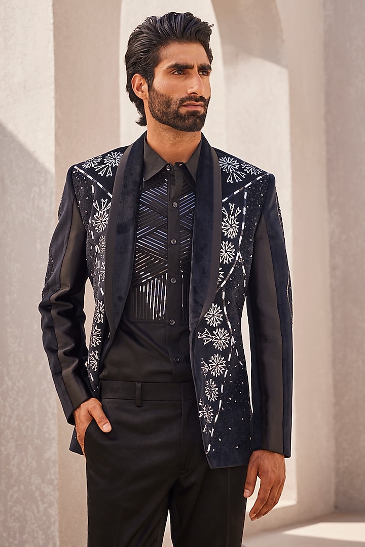 Black Italian Suiting Tuxedo Set by YAJY By Aditya Jain at Pernia's Pop Up Shop