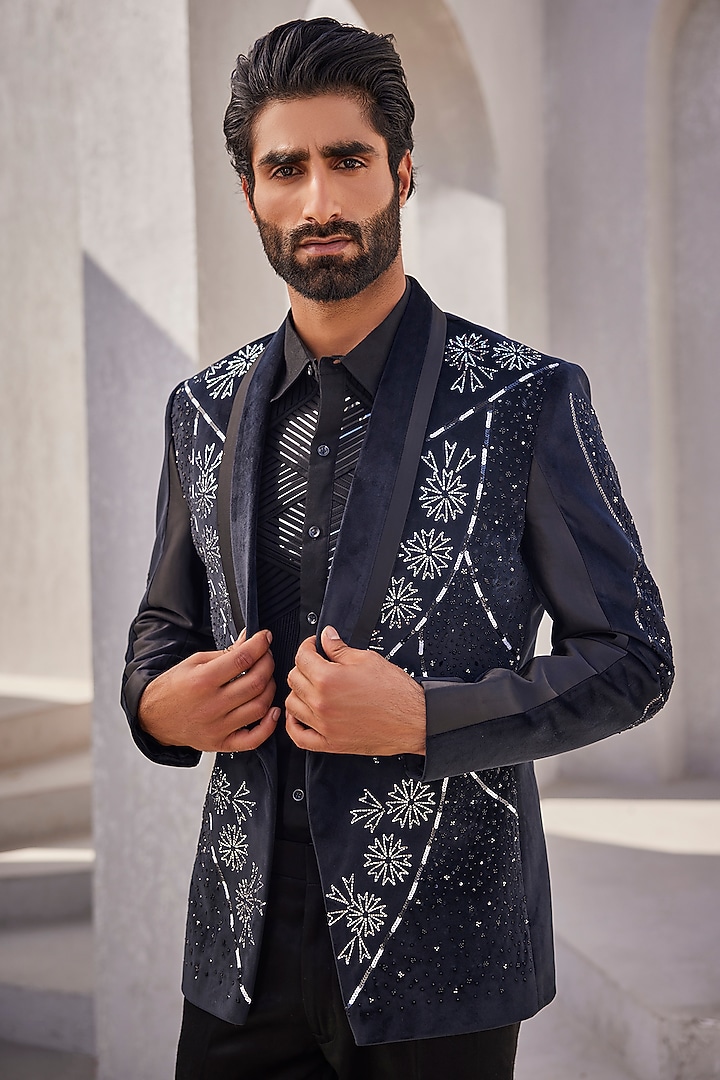 Black Italian Suiting Tuxedo Set by YAJY By Aditya Jain at Pernia's Pop Up Shop