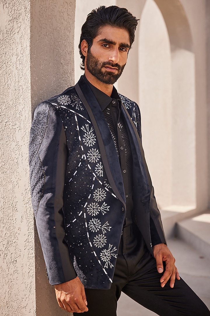 Black Italian Suiting Tuxedo Set by YAJY By Aditya Jain at Pernia's Pop Up Shop
