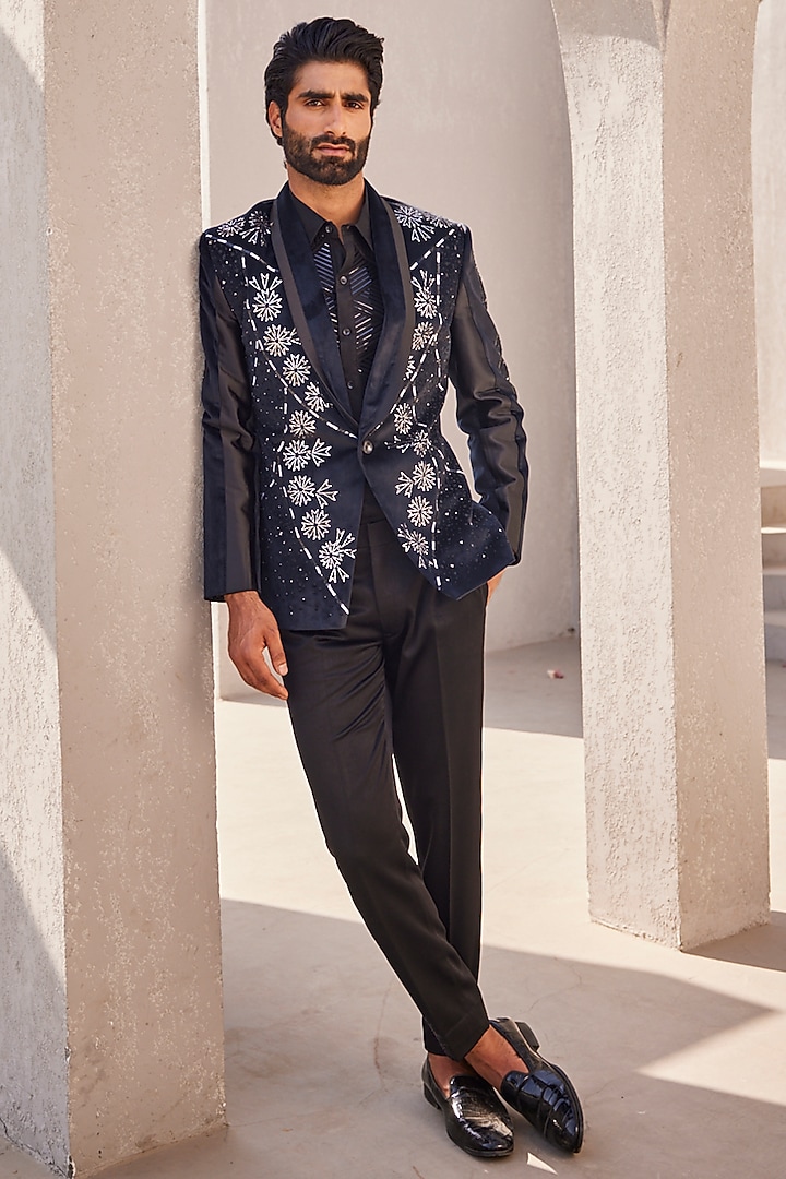 Black Italian Suiting Tuxedo Set by YAJY By Aditya Jain at Pernia's Pop Up Shop
