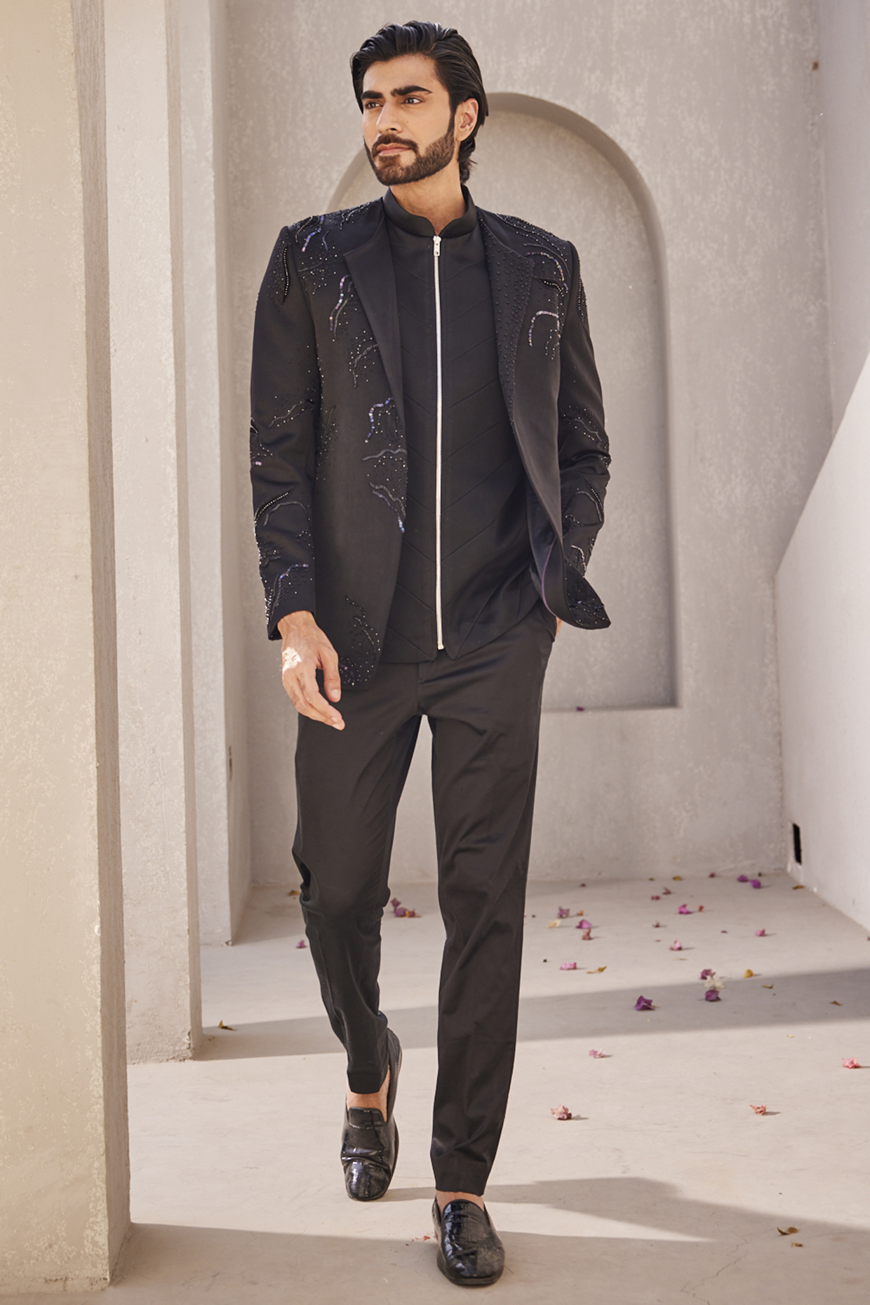 Black Italian Suiting Open-Groom Indowestern Set by YAJY By Aditya Jain at Pernia's Pop Up Shop