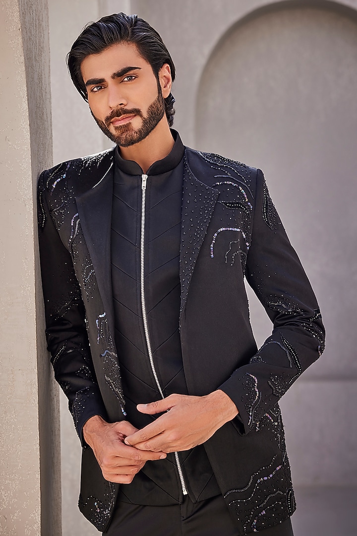 Black Italian Suiting Open-Wedding Indowestern Set by YAJY By Aditya Jain at Pernia's Pop Up Shop