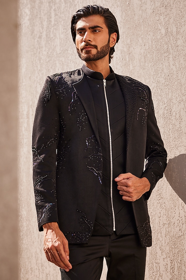 Black Italian Suiting Open-Wedding Indowestern Set by YAJY By Aditya Jain at Pernia's Pop Up Shop
