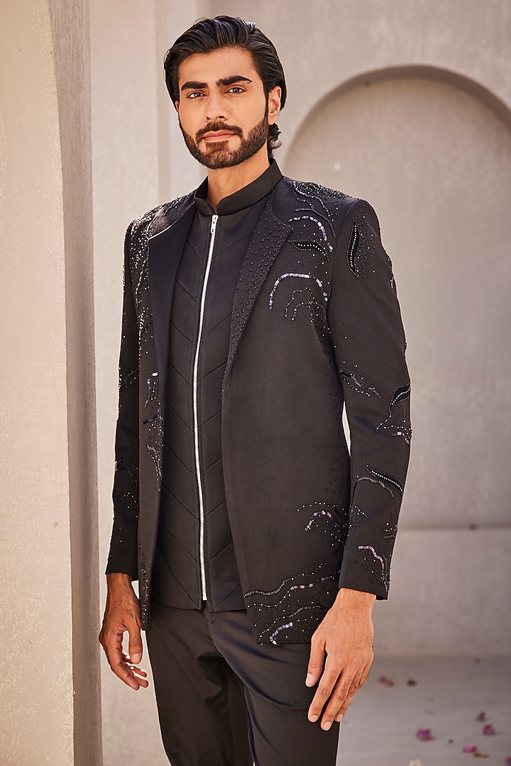 Black Italian Suiting Open-Wedding Indowestern Set by YAJY By Aditya Jain at Pernia's Pop Up Shop