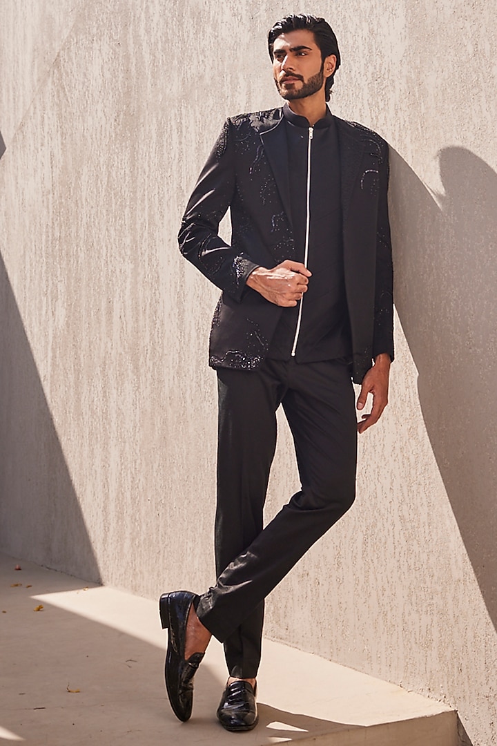 Black Italian Suiting Open-Wedding Indowestern Set by YAJY By Aditya Jain at Pernia's Pop Up Shop